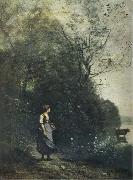 Jean Baptiste Camille  Corot Landscape with a peasant Girl grazing a Cow at the Edge of a Forest oil painting reproduction